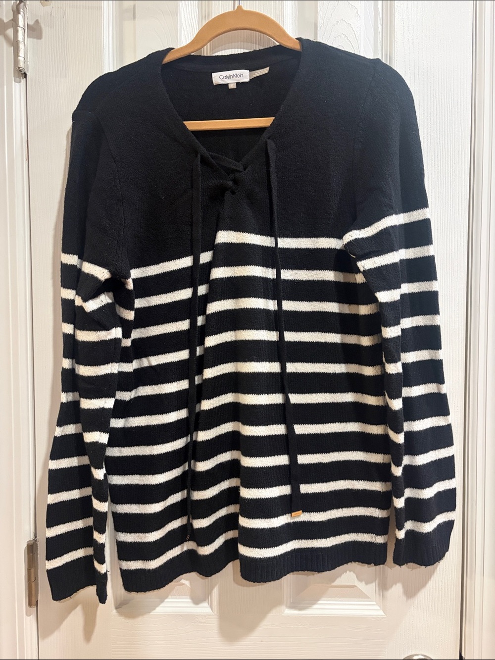 Calvin Klein Black and White Striped Lace-Up V-Neck Sweater
